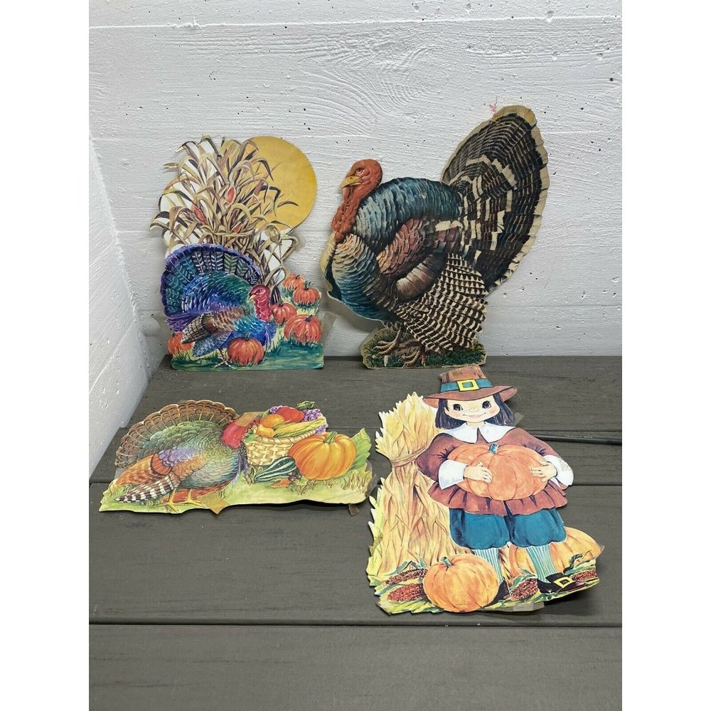 COPY - Lot Of Four (4) Vintage Die Cut Cardboard Thanksgiving Decor Pilgrim ~ T…